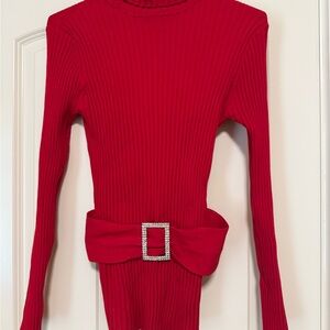 Sara Red Turtleneck Sweater with Chic Belt